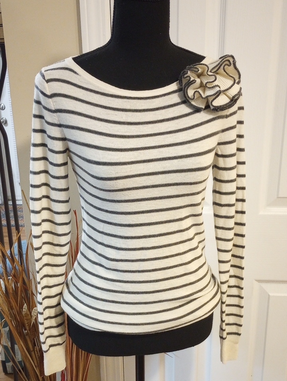 LOFT Cream & Gray Striped Boatneck Sweater with Shoulder Flower